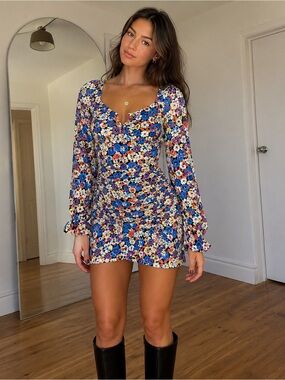 Zara Blue Multi Floral Long-Sleeve Mini Dress